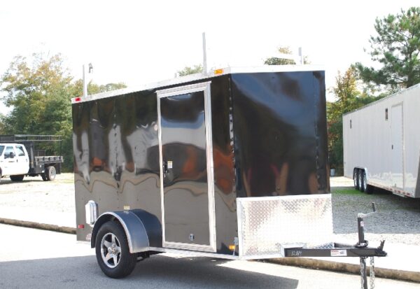 5 x 10 Black Custom V-Nose Cargo Trailer with Aluminum Wheels Ladder Rack and more